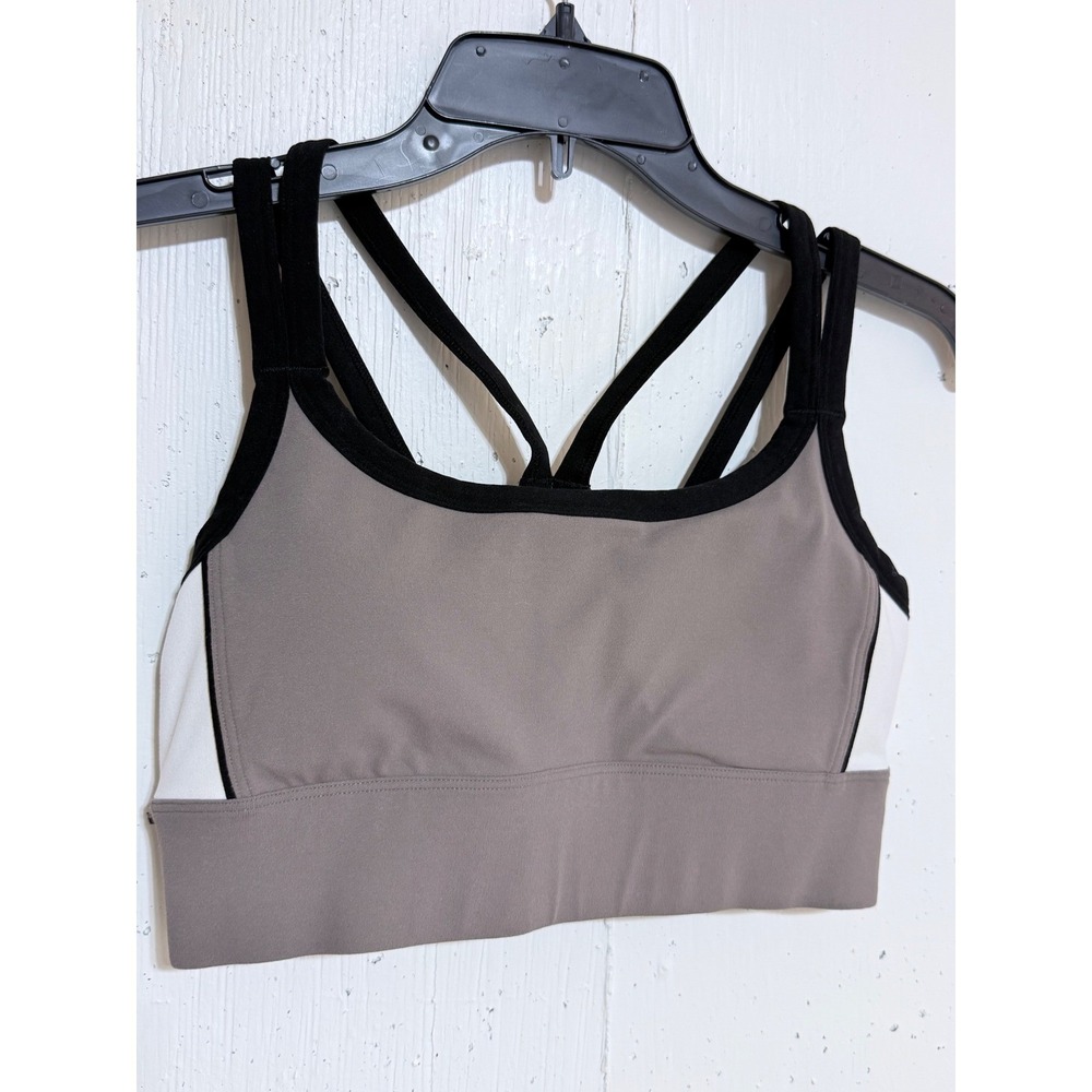 Fabletics Colorblock Sports Bra Taupe Black White Multi-Strap Racerback Womens